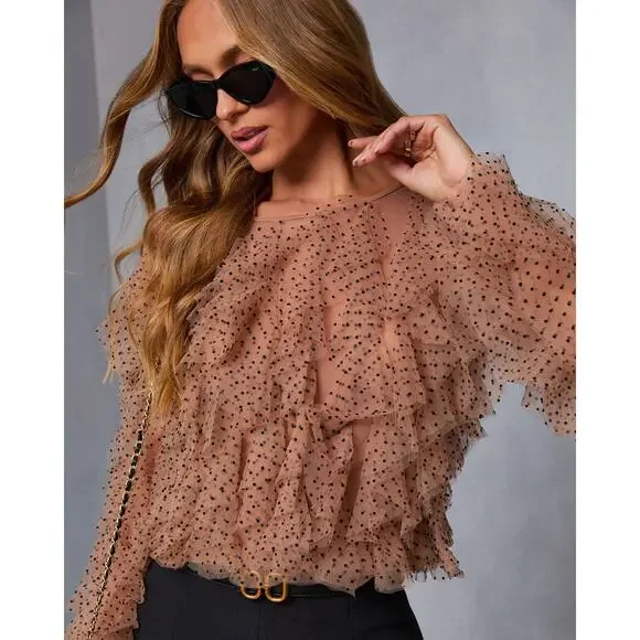 Anthropologie Dolan Womens XL Left Coast Mesh Ruffle Top Nude Polka Dot Romantic - Picture 4 of 16